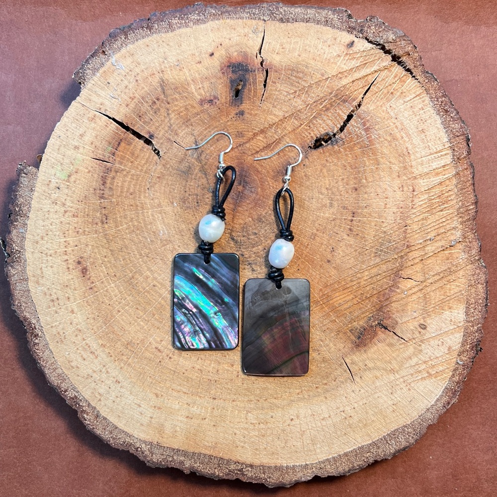 Mother of pearl, fresh water pearl, leather and sterling earrings